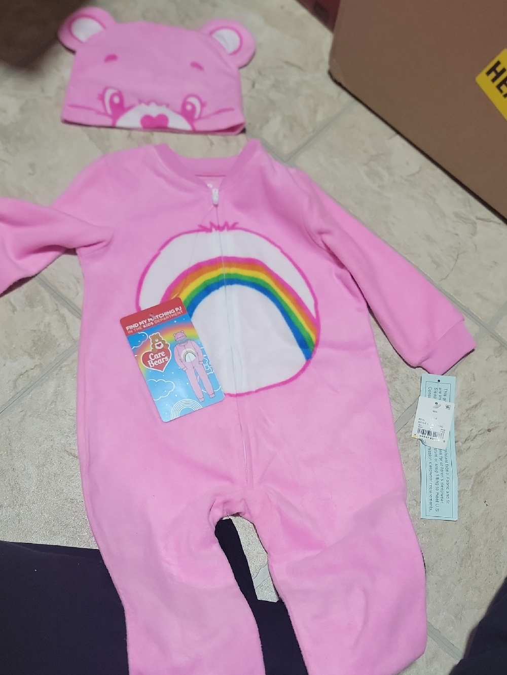 Care Bears Pink Fleece Infant Romper with Rainbow Belly With Matching Hat 18m
